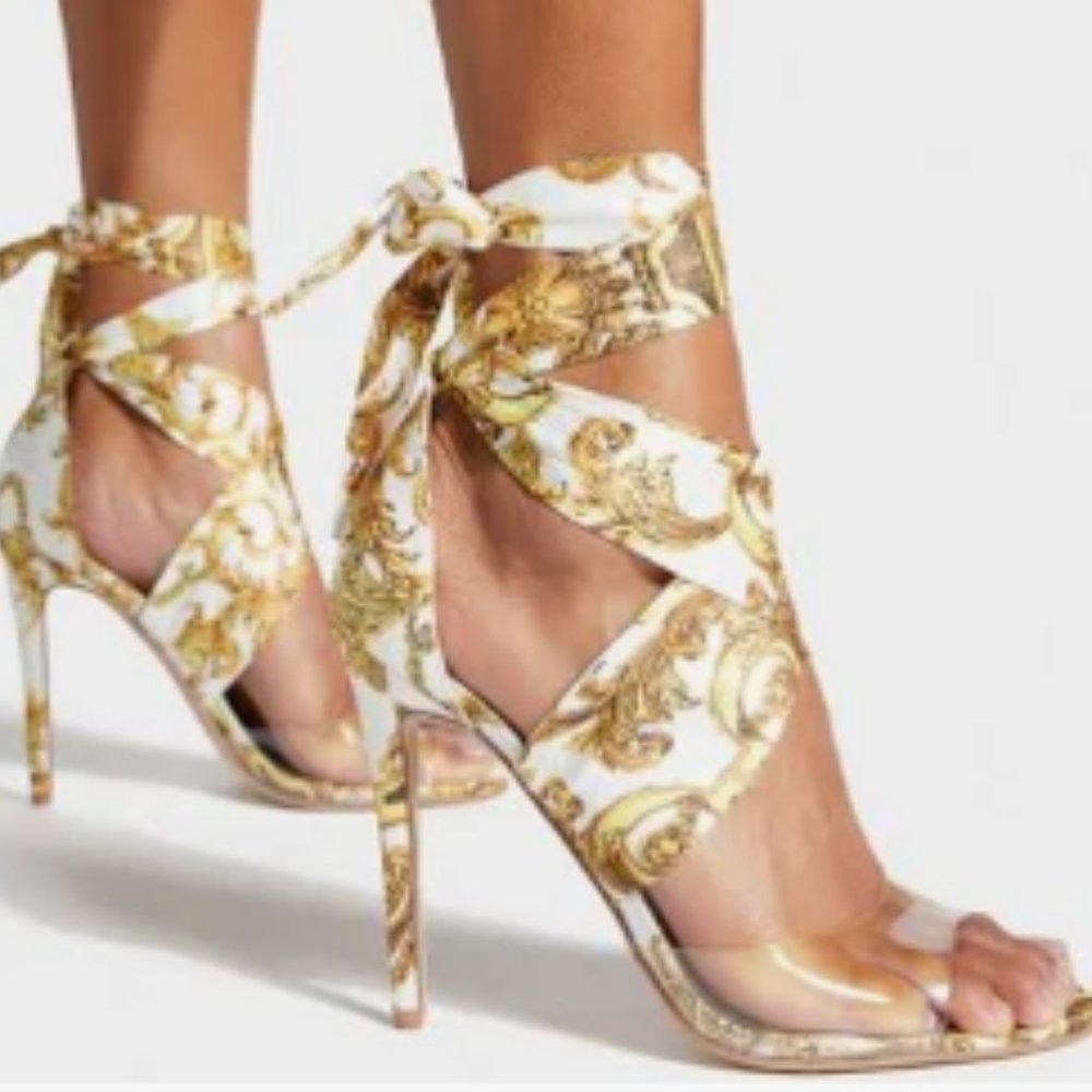 NWT: Naavah Lace Up Heeled Sandal, Miami Print White, Size 12!